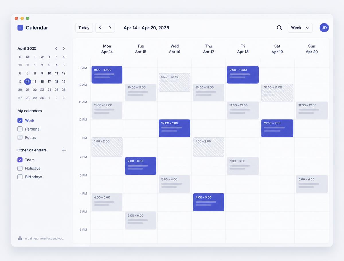 A weekly calendar with client meetings spaced out and prep buffers blocked in